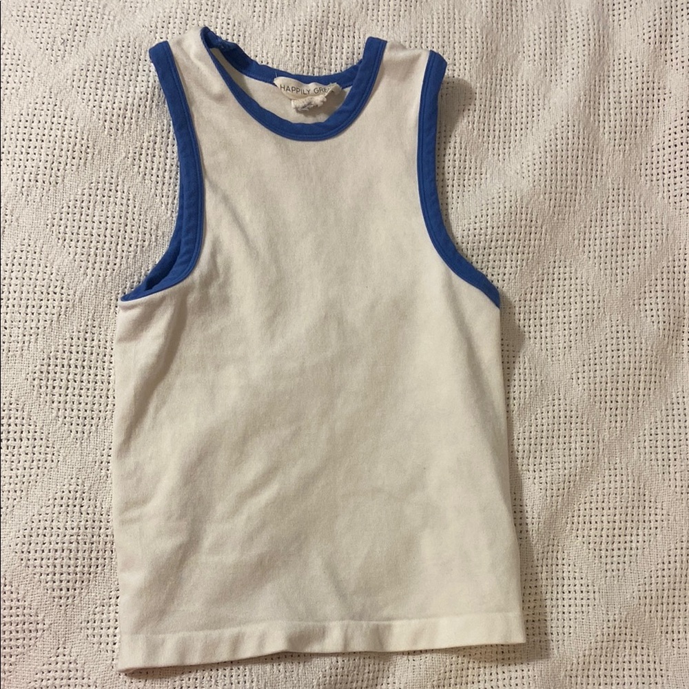 White and Blue Casual Tank Top with Navy Trim